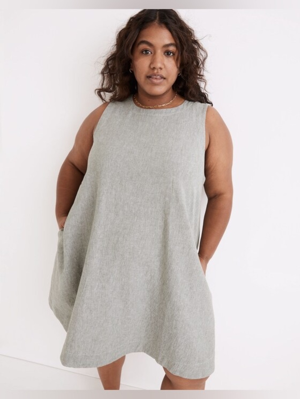 Sleeveless A-Line Linen mini dress, back button detail - pale green